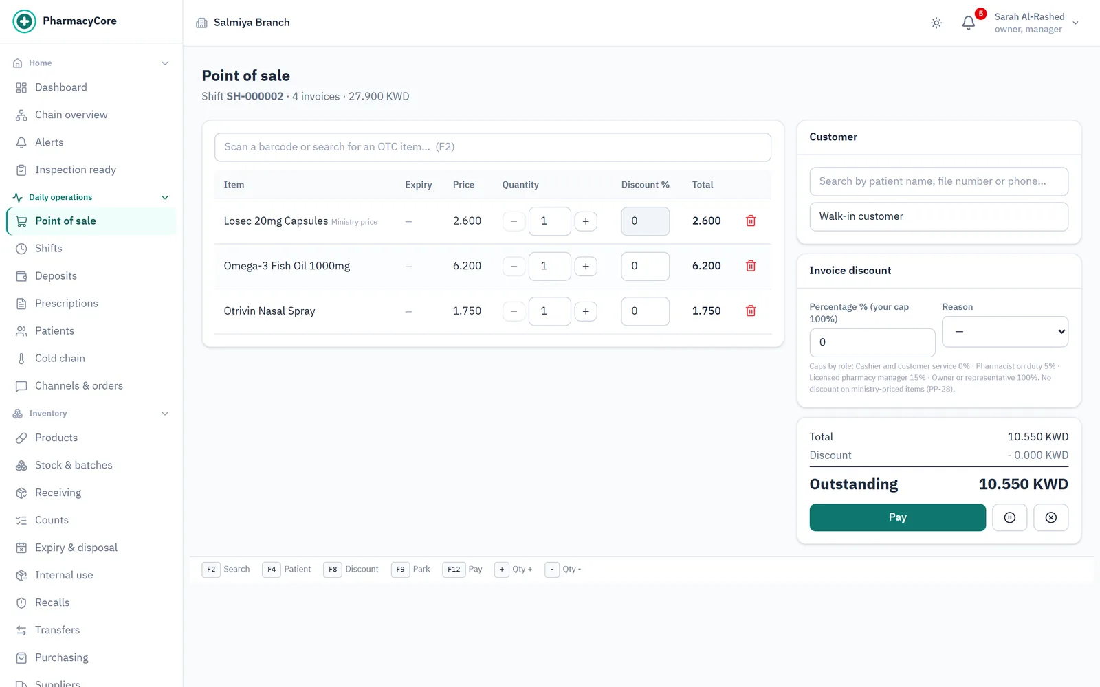 PharmacyCore point of sale with a three-item basket